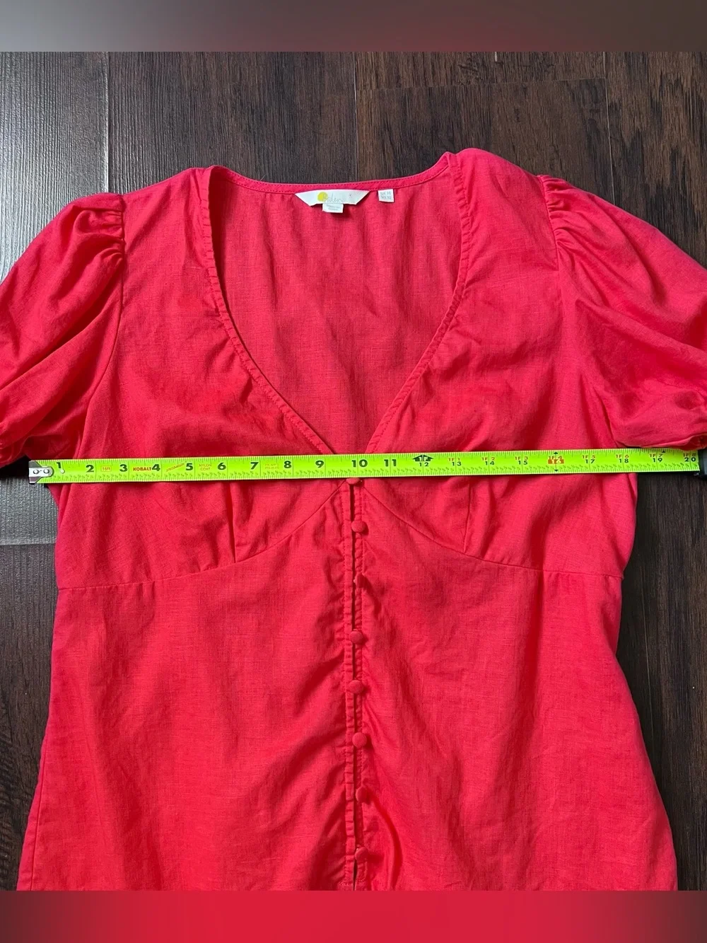 Boden Red Linen V-Neck Puff Sleeve Button Front Top Womens US 10 UK 14